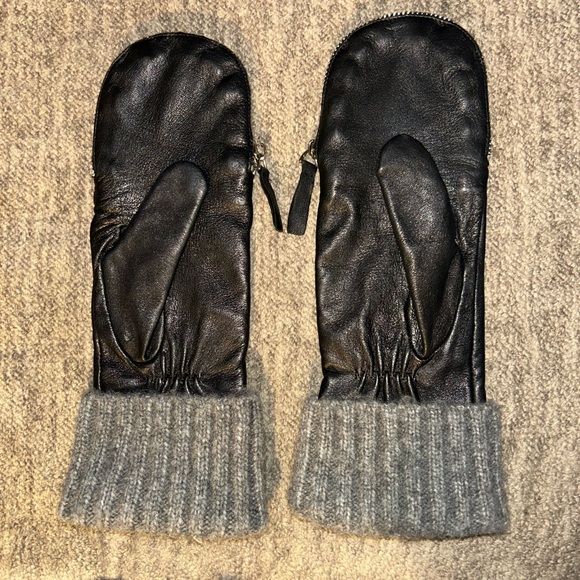 Anthropologie Black Leather Mittens with Gray Knit Cuff - Picture 1 of 4